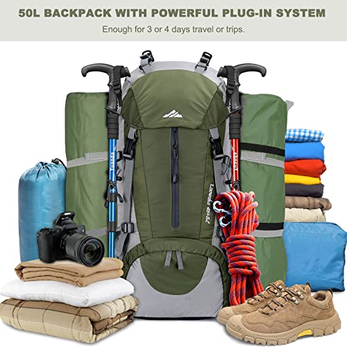Loowoko 50L Hiking Backpack, Waterproof Camping Essentials Bag with Rain Cover, 45+5 Liter Lightweight Backpacking Back Pack - color: Green
