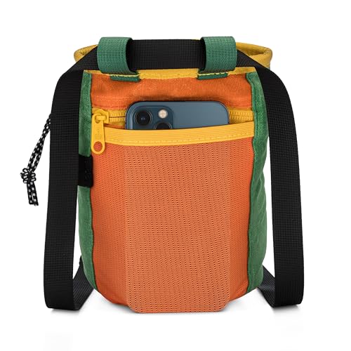 Oso Supply Co - Waxed Canvas Chalk Bag - Zipper Pocket & Mesh Pouch for Bouldering, Rock Climbing, Gym, Weightlifting – Water-Resistant, Adjustable Belt, Wide Opening - color: Evergreen / Yellow / Orange