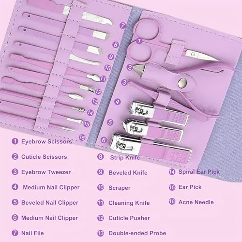 Manicure Set Professional Nail Clippers Pedicure Kit, 16 pcs Stainless Steel Nail Care Tools Grooming Kit with Luxurious Travel Leather Case for Thick Nails Men Women (Violet)