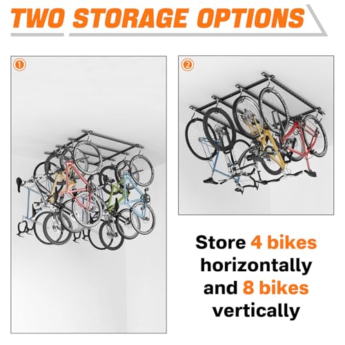 TORACK Ceiling Bike Rack for Garage, Ceiling-Mounted Bicycle Storage Hooks for 4 Bikes (Horizontal) or 8 Bikes (Vertical), Adjustable Overhead Bicycle Hooks for Mountain, Road, and Kids' Bike - style: 4 bikes horizontal