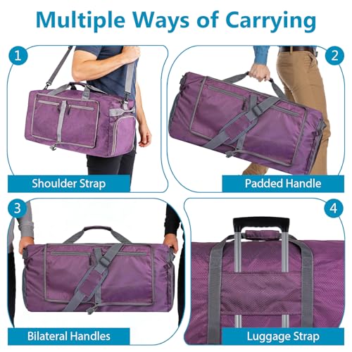 60L Duffle Bag with Shoes Compartment - Foldable&Large Capacity Travel Duffel Bags, Lightweight & Water-Resistant Gym Bag - Purple - color: 60L-Purple
