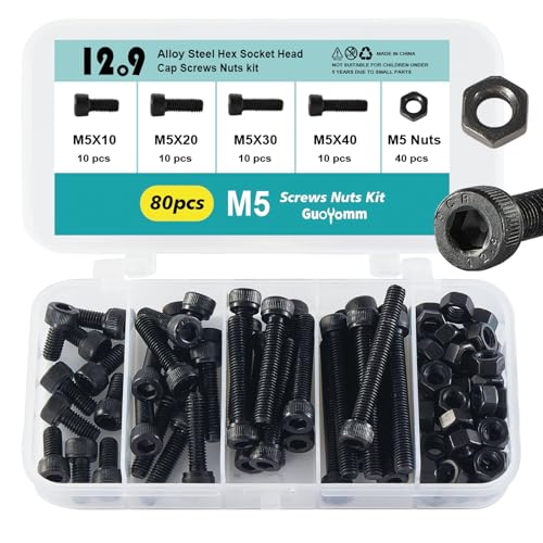 M5 x 10mm 20mm 30mm 40mm Hex Socket Head Cap Screws Bolts and Nuts, 12.9 Grade Alloy Steel, Black Oxide Finish, Metric Allen Drive, Fully Thread, Assortment Kit 80PCS - size: Socket M5x10-40mm+Nuts