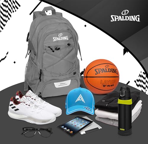 Spalding Basketball Backpack Sports Bag | Large Black Backpack with Shoe and Ball Compartment | Gifts for Basketball Players - color: Grey