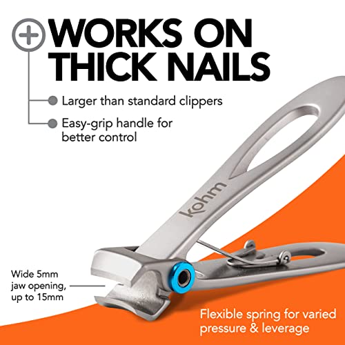 KOHM Nail Clippers for Thick Nails - Heavy Duty, Wide Mouth Professional Fingernail and Toenail Clippers for Men, Women & Seniors, Silver - color: Curved-silver