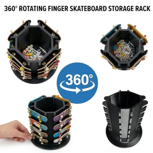 Fingerboard Display Rack Holder,360° Rotating,Pro Finger Skateboard Organizer for 20 Decks and Accessories,with Center Storage,Desktop Storage Tower for Fingerboard and Mini Collectibles,Heavy Duty