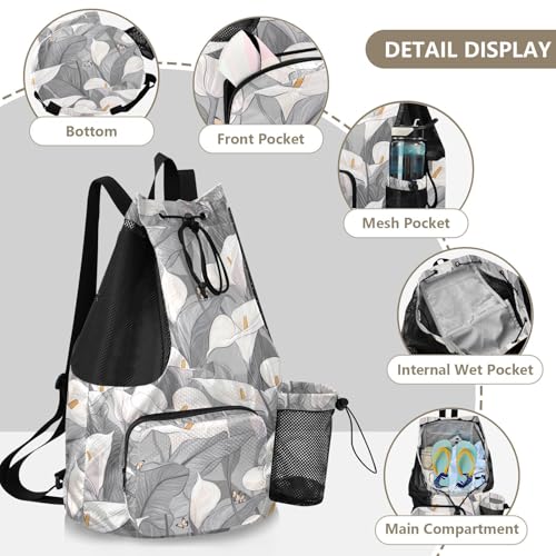 Drawstring Bags Climbing Gym Bag With Pockets String Bookbag Waterproof Safari Calla Lily Grey Flower