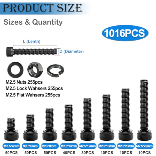 mxuteuk 1016PCS M2.5 Screws Kits,M2.5×4/6/8/10/12/16/20/25mm M2.5 Bolts,12.9 Alloy Steel M2.5 Hex Socket Head Bolts Nuts Washers Set Suitable for 3D Printer,DIY - size: 1016PCS M2.5, style: Hex Socket Head