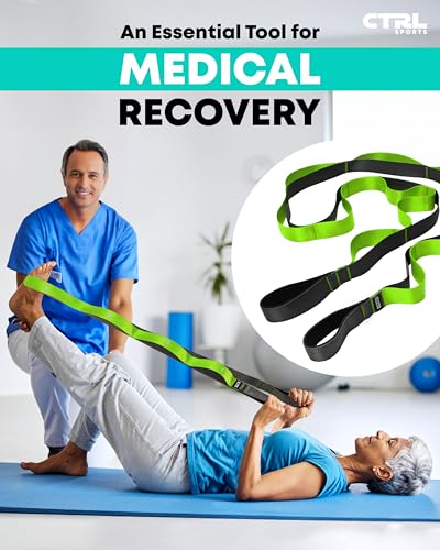 Stretching Strap with Loops - Non Elastic Stretch Band for Physical Therapy, Yoga Strap for Stretching Equipment, Stretch Bands for Exercise and Flexibility - Fascia, Hamstring & Leg Stretcher Belt - style: 12 Loops - Green