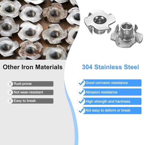 M METERXITY 10-Pack 1/4-UNC T-nut, 6/16" Barrel Length Stainless Steel 4-Pronged Tee Nut Threaded Insert for Wood/Rock Climbing Holds/Furniture, Corrosion Resistant Fasteners - size: 1/4-UNC