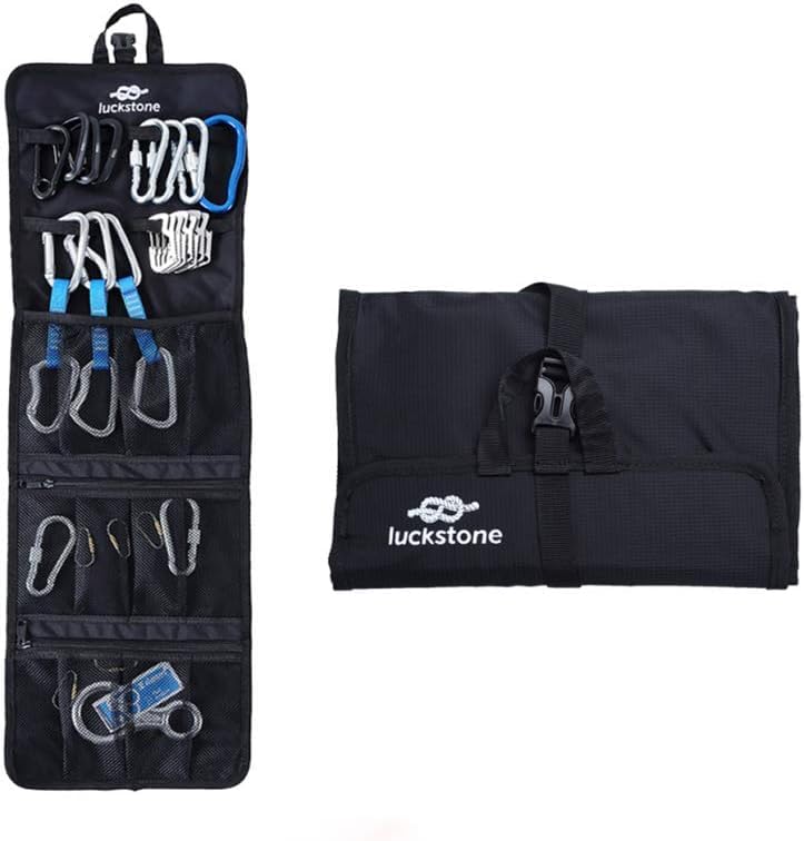 Rock Climbing Gear Storage Bag Foldable Waterproof Roll Up D-Ring Climbing Quickdraw Hanging Tool Equipment Gear Carabiner Organizer Collection Bag Carry Pouch 420D Oxford Cloth