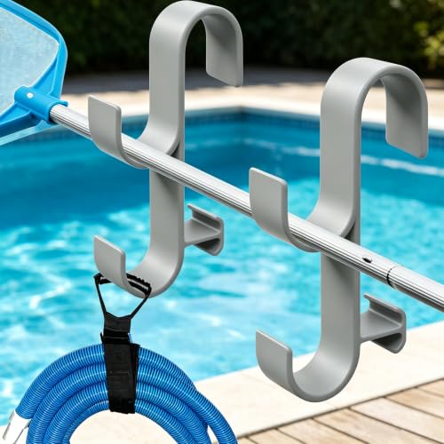 2Pcs Above Ground Pool Pole Hooks, Double Hanging Bracket for Pool Telescopic Pole, Leaf Skimmer Net & Vacuum Hose, Pool Rail Accessory Storage Hanger[Galy] - color: Galy