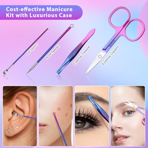 CGBE 12Pcs Manicure Set Nail Clippers Pedicure Kit Men Women Grooming kit Manicure Professional Nail Care Tools Gift with Luxurious Travel Case - color: Colorful-12pcs