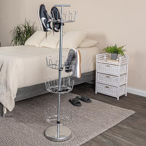 Household Essentials 4-Tier Revolving Shoe Tree, Heavy-Duty Steel with Stabilized Base, Holds 24 Pairs of Shoes, Great for Most Styles, Chromelike Finish - color: Silver