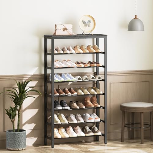 8 Tier Tall Shoe Rack, Large-Capacity Shoe Storage Organizer, Free Standing Shoe Shelf for Closet, Adjustable Metal Shoe Racks Organizer for 32 Pairs of Shoes, Charcoal and Black SS78BC