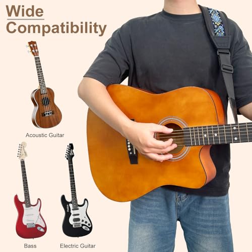 Guitar Bass Strap, Embroidered Electric Guitar Strap, Double Adjustable Buckle, Length Adjustable from 49" to 63", Equipped with 3" 3D Foam Padding, Includes 4 Picks and 2 Strap Locks, Blue Flower. - color: Blue Flower(49"-63")