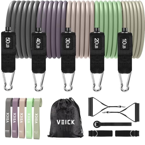 VEICK 10-150LBS Resistance Bands with Handles, Ankle Straps, Door Anchor | Accredited Lab Certified, 100% Natural Latex, Versatile for Yoga, Pilates, Strength, Home Gym - color: Green Purple, style: 10-150LBS + 5 Loop Bands