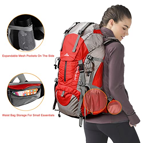 Loowoko 50L Hiking Backpack, Waterproof Camping Essentials Bag with Rain Cover, 45+5 Liter Lightweight Backpacking Back Pack - color: Red