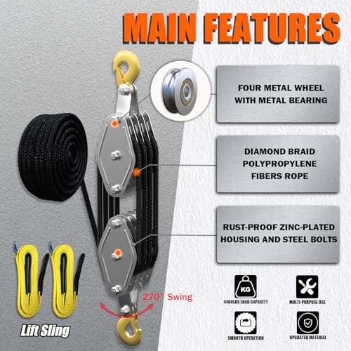 YATOINTO Rope Hoist Pulley System, 4400LB Pulley Block and Tackle, 8:1 Ratio Lifting Power 65ft, Heavy Duty Pulley Block for Lifting Pulling (with 2PCs Straps) - color: black, size: UPGRADED-4wheels+2pcs straps