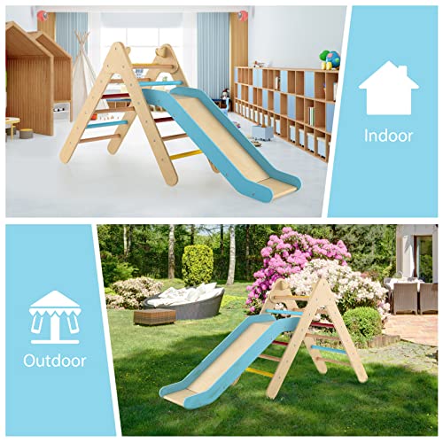 OLAKIDS Pikler Triangle Set 2 in 1 Climbing Toys for Toddlers Foldable Wood Montessori Baby Jungle Gym with Ladder Ramp Slide Kids Indoor Playground Activity Play Structure - color: Rainbow