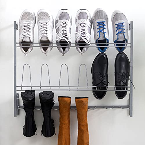 MyGift Premium Silver Metal Hanging Wall Shoe Rack for Walk in Closet, Mudroom and Entryway, Wall Mounted Space Saving Boot and Shoe Rack Organizer, Holds 9 Pairs - color: Silver (3 Tier, 9 Pairs)