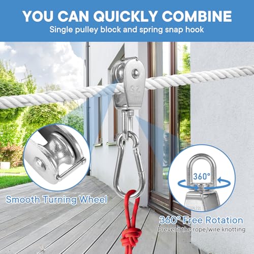 6Pcs 304 Stainless Steel M25 Single Pulley Block, Wire Rope Hanging Wire Towing Wheel, with 6Pcs Spring Snap Hook - size: M25-6pcs