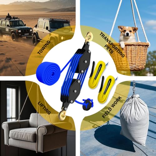 YATOINTO Rope Hoist Pulley System 4400LB, Pulley Block Tackle w/2 Straps | 65FT Polypropylene Fiber Rope, 8:1 Ratio Lifting Power, Metal Bearing Structure, Black-coated Housing - color: Blue(Powder Coating)+2Straps