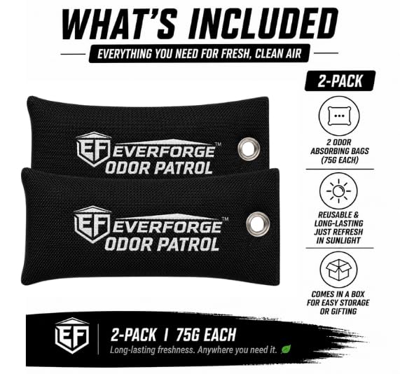 EverForge Odor Patrol Charcoal Deodorizer Bags, Natural Odor Absorber for Shoes & Sneakers, Gym Bags, Lockers, Sports Gear, & Cars, Activated Charcoal, 2-Pack, Unscented