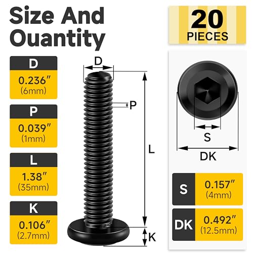 Mywish M6 x 35mm 20Pcs Flat Head Hex Socket Cap Screws Bolts, 304 Stainless Steel Furniture Bolts Full Thread, Black Oxide & Hex Spanner - color: Black-M6, size: 35mm