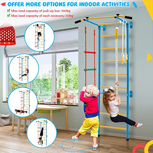 HONEY JOY Climbing Toys for Toddlers, Upgrade Metal Indoor Kids Gym for Solid Wall, Playground and Climbing Exercise Set with Rope Ladder, Pull-up Bar, Monkey Bars, Gymnastic Rings (5 in 1) - size: 5 In 1