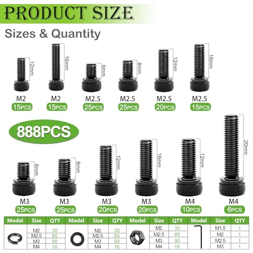 mxuteuk 888PCS Metric Screws Assortment,M4 M3 M2.5 M2 Screws Kit, Suitable for 3D Printing DIY, Grade 12.9 Alloy Steel Hex Socket Head Cap Bolts Nuts and Washers Kit, Black Zinc Plated - size: 888PCS M2 M2.5 M3 M4, style: Hex Socket Head
