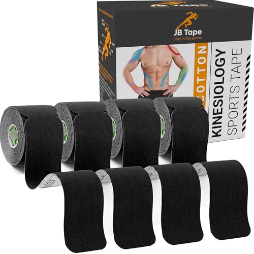 JB Tape Kinesiology Tape, Black, 80 Precut 10-Inch Strips, 4 Rolls | Elastic, Latex-Free, Water Resistant, Athletic Muscle & Joint Support - color: Black Jet