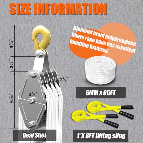 YATOINTO Rope Pulley Hoist 4400 LB, 8:1 Lifting Power Pulley Block and Tackle System, Pulley Block 2200LB Loading Capacity, 65ft Heavy Duty Rope Hoist for Lifting Pulling (with 2PCs Straps) - color: White, size: UPGRADED-4wheels+2pcs straps