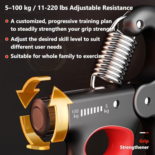 Grip Strength Trainer Forearm Strengthener 11-220 lbs Adjustable Resistance | Automatic Counting, Ergonomic Design, Ideal Device for Grip Strengthening, Arthritis Relief, Hand Physical Therapy & Rehab - color: Gray
