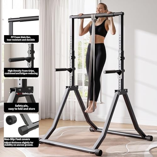 Foldable Pull Up Bar Station 66.1''-84.6'' Power Tower - color: 66"-85" with Dual Dip Handles & Assistance Bands
