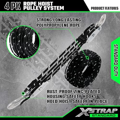XSTRAP STANDARD Heavy-Duty 50 FT Reflective Rope Hoist Pulley System, Black | Metal Wheels Bearing 2000 LB Breaking Strength Block and Tackle Pulley System for Lifting Heavy Objects, with 2pcs Soft Loops - color: 50 Ft+Reflective Silver Black+2 Soft Loops