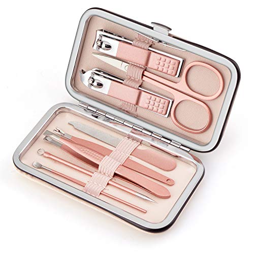 Manicure Set, 8 In 1 Stainless Steel Professional Pedicure Kit Nail Scissors Grooming Kit with Pink Leather Travel Case Pink - color: 8 in 1