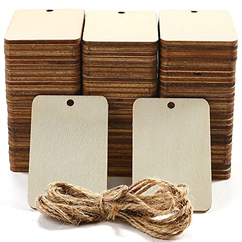 115 Pcs Unfinished Wood Pieces Rectangle-Shaped, HOOMBOOM 2 x 1.3 inch Light Wooden Cutout Natural Rustic with Hemp Rope, for Holiday Craft Projects, Hanging Decorations, Painting, Staining