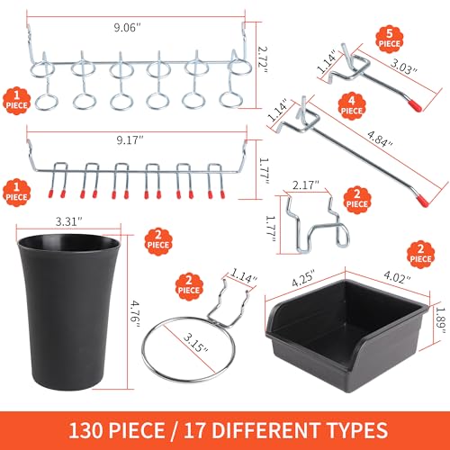 130PCS Pegboard Hooks Assortment - Peg board Hooks for Hanging Tools with Pegboard Bins & Cups,1/8-Inch Pegboard Wall Organizer - Ideal for Organizing in the Garage Kitchen Workbench Craft Room - style: 130 Pcs