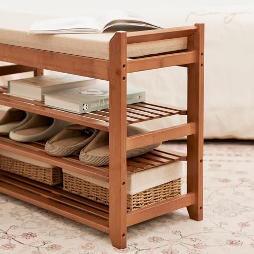 PETKABOO Hall Tree with Bench and Shoe Storage, Coat Rack Shoe Bench Set with Seat Cushion and 6 Hooks for Entryway, Hallway, Living Room and Bedroom - color: Brown, style: 39 in with hook