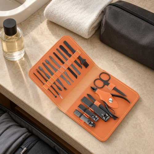 16PCS Professional Manicure & Pedicure Set Stainless Steel Nail Care Kit Travel Manicure Kit, Brown - color: Brown