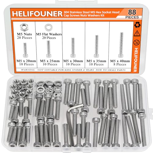 HELIFOUNER 88 Pieces M5 x 20mm /25mm /30mm /35mm /40mm, Hex Socket Head Cap Screws Bolts Washers Nuts Kit with Hex Wrench, 304 Stainless Steel - size: M5 Screw Kit (88 PCS)