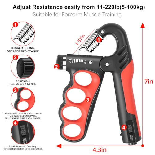 Keria Adjustable Hand Grip Strengthener(11-220Lbs), Grip Strength Trainer with Auto-Click Digital Counter, Ergonomic Forearm Trainer for Athletes, Musicians, Physical Therapy