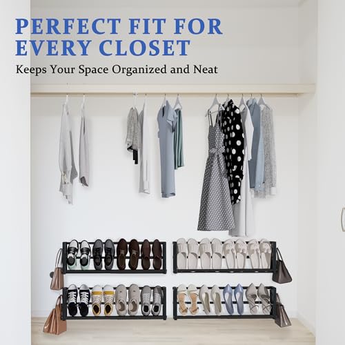 2 Pack Narrow Wall Mounted Shoe Rack for Small Spaces, Hanging Shoe Rack Holds 8 Pairs, 17"-30"Adjustable Heavy Duty Wall Shoe Storage with 4 Storage Hooks,Space Saving for Closet Entryway Door,Black