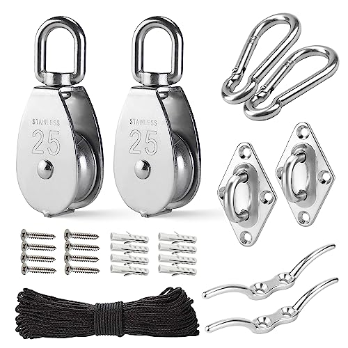 LAIWOO M25 Heavy Duty Stainless Steel Pulley Block, Rope and Hooks, 2 Pack | Includes eye pad plate and line cleat, corrosion resistant, for lifting, DIY and clothesline - size: M25-11P