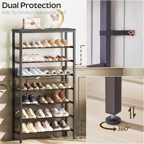8 Tier Tall Shoe Rack, Large-Capacity Shoe Storage Organizer, Free Standing Shoe Shelf for Closet, Adjustable Metal Shoe Racks Organizer for 32 Pairs of Shoes, Charcoal and Black SS78BC