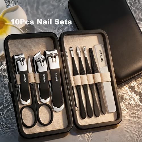 Manicure Set, 10 pcs High-Carbon Steel Nail Clippers Set, Portable Mini Manicure and Pedicure Kit, Travel Grooming Nail Kit with Leather Bag for Men and Women - color: Black