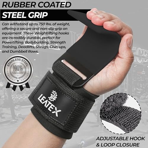 Weight Lifting Hooks (Pair) for Deadlifts, Pull Ups, Rows & Shrugs - Anti-Rip Nylon Strap Hand Grips with Thick Wrist Padding - Heavy Duty Wrist Straps for Weightlifting & Gym Workouts - color: Black