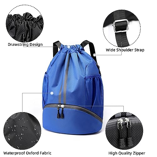 Valleycomfy Sports Drawstring Backpack - Water Resistant String Bag Blue | with Side Mesh Pockets Shoe Compartment Gym Backpack for Women & Men - color: A-blue