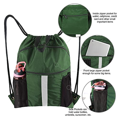 BeeGreen Drawstring Backpack Bag with Shoe Compartment, X-Large Black Gym Sports String Cinch Backpack - color: Dark Green