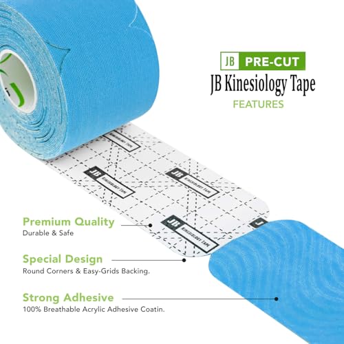 JB Tape Kinesiology Tape, 80 Precut Strips, Blue, Latex‑Free, 4 Rolls | Elastic, Latex-Free, Water Resistant, Athletic Muscle & Joint Support - color: Blue Pacific